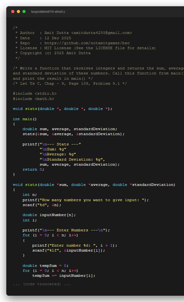 Write a function that receives integers and returns the sum, average and standard deviation of these numbers. Call this function from main() and print the result in main()